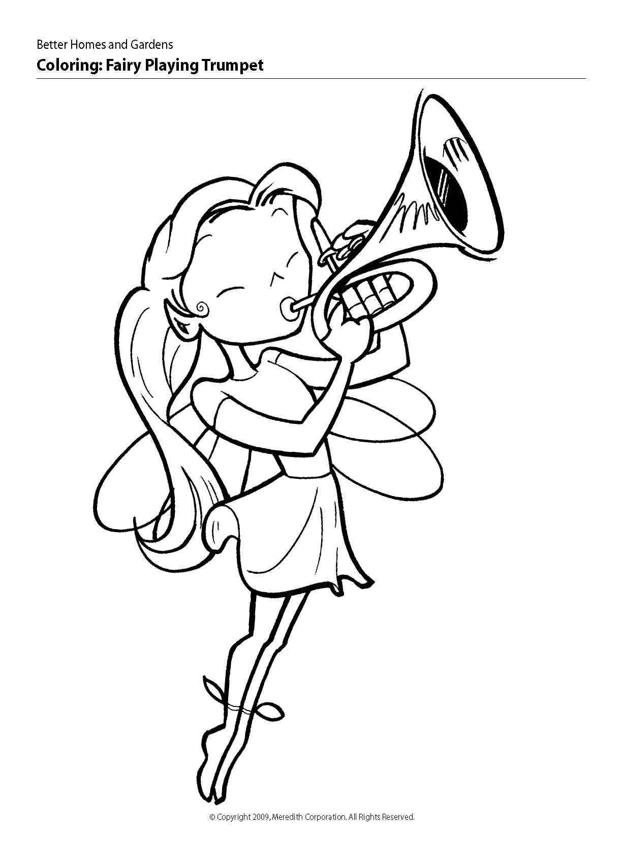 Fairy playing trumpet. | Coloring pages for kids, Coloring pages ...