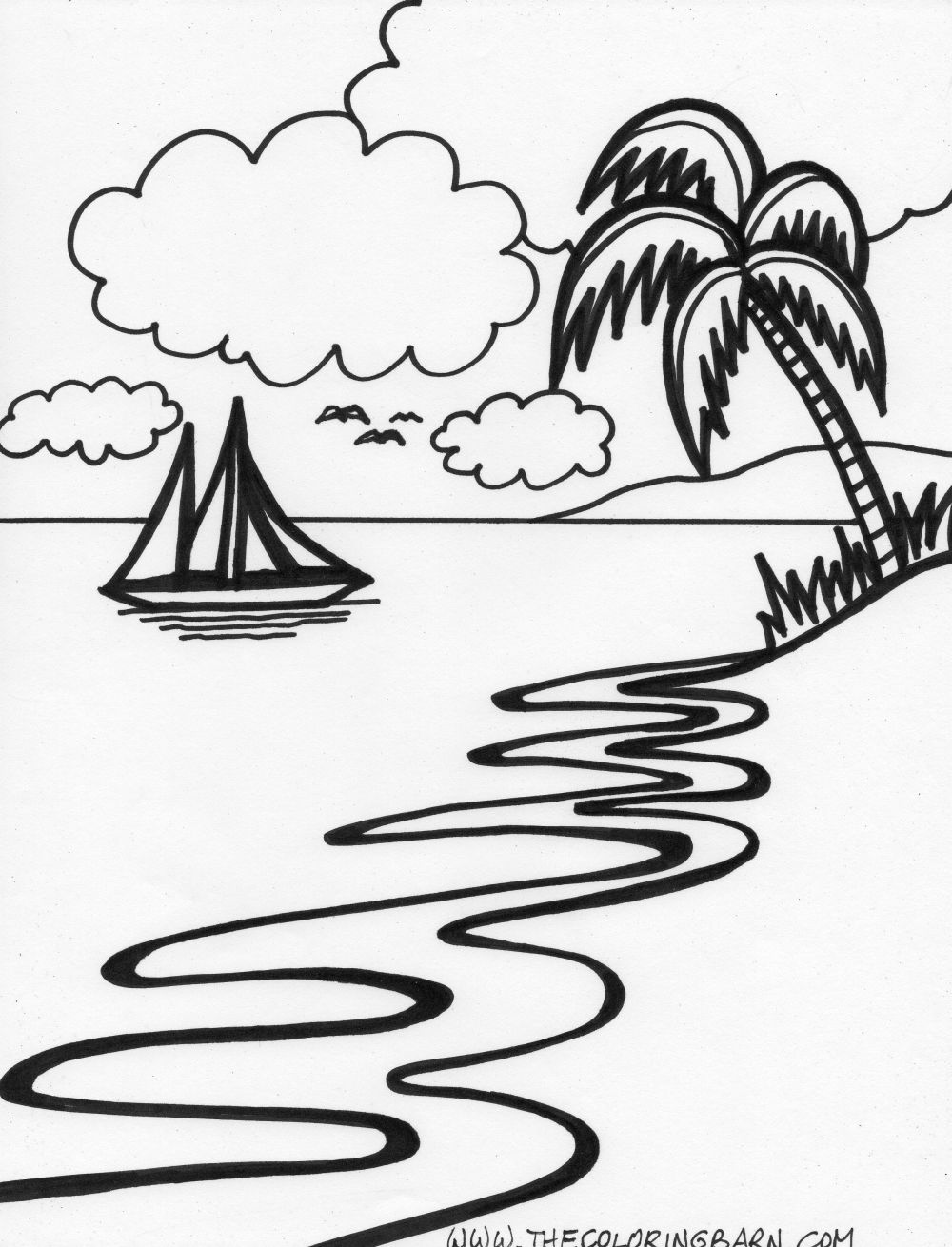 Tropical Island - Beach Scene Coloring Page