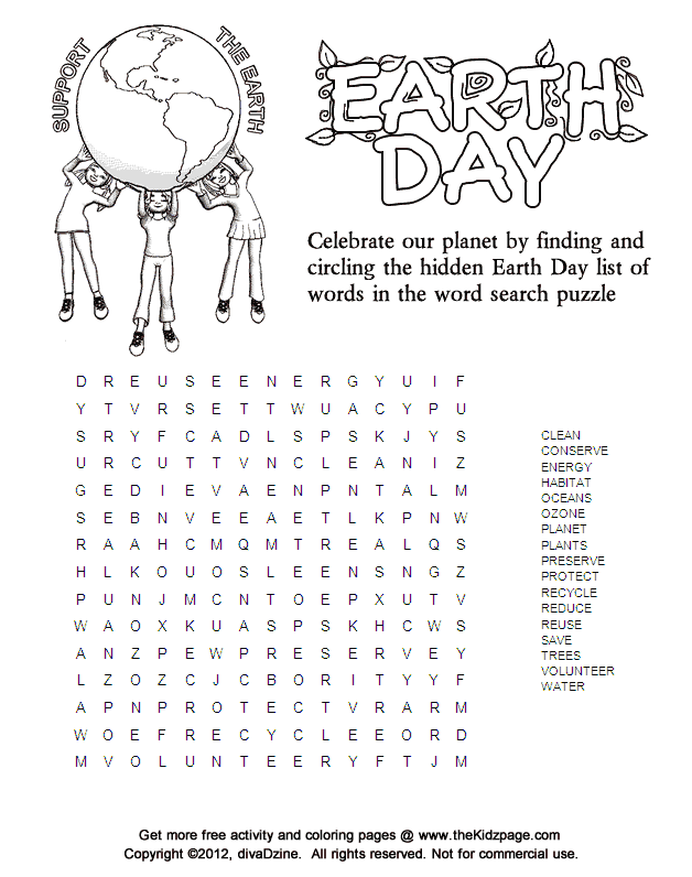 Support the Earth, Earth Day Word Search Puzzle - Free Coloring ...