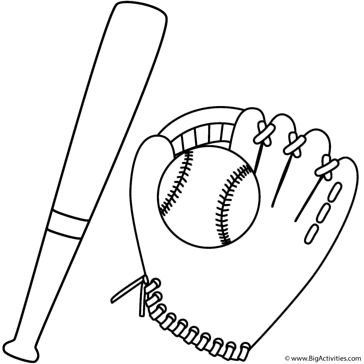 Bat and Baseball in Glove - Coloring Page (Sports)