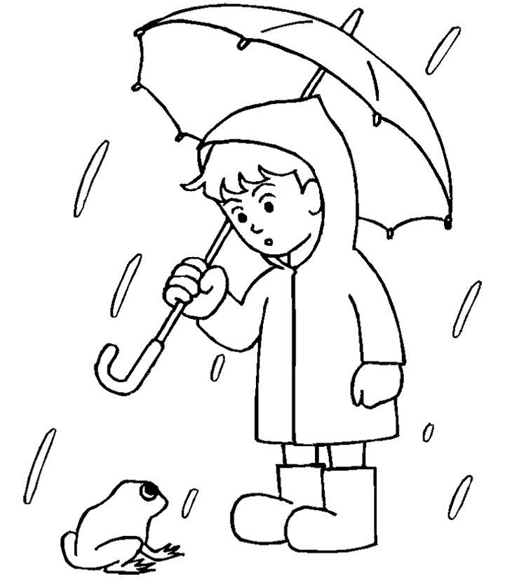 Boy With His Umbrella And Rain Jacket Under The Spring Rain ...