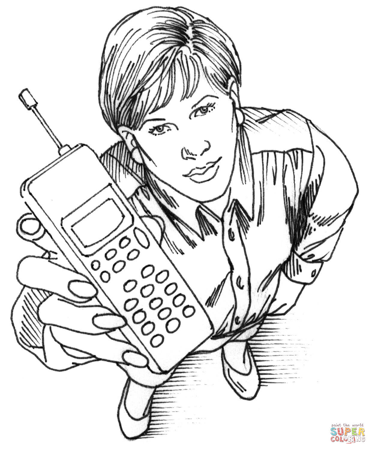 A woman is showing her cell phone Coloring Page
