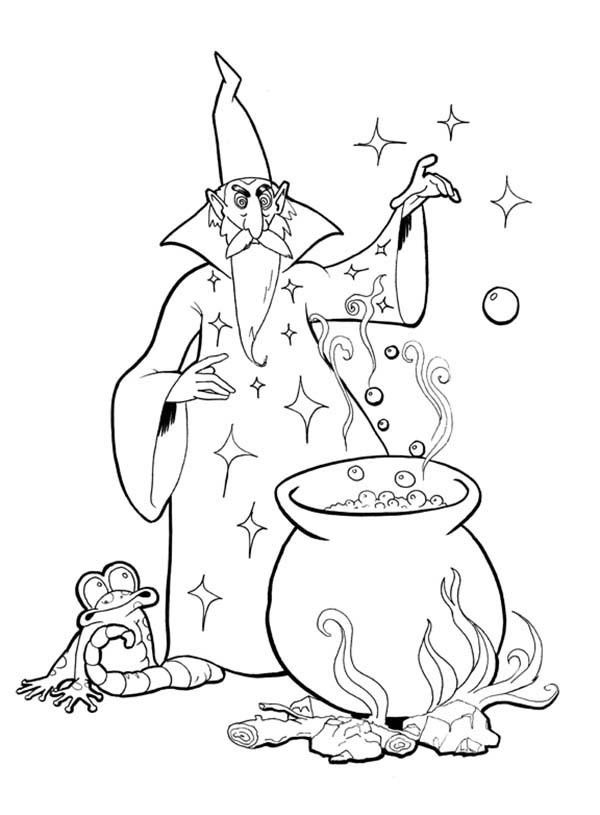 Merlin the Wizard Mixing a Lot of Ingridients Coloring Pages ...