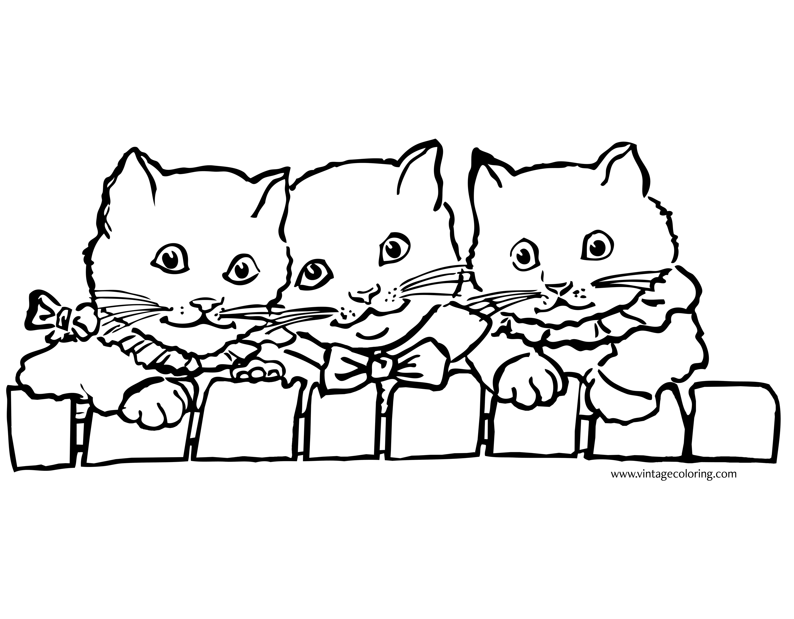 Three Kittens on a Fence - A Free Vintage Coloring Page