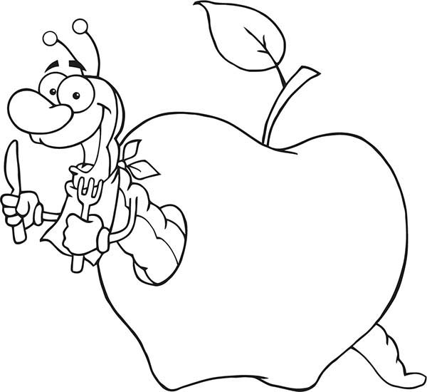 Worm Inside An Apple Holding Knife And Fork Coloring Page ...
