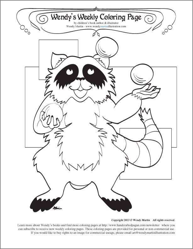 Juggling balls raccoon coloring page -