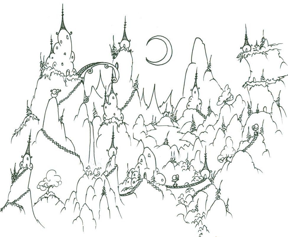 Fantasy Landscape at Night - Difficult Coloring Page for Adults