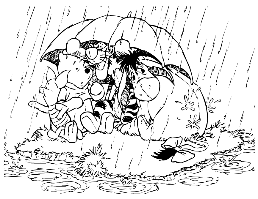 Pooh And Friends Under Umbrella In The Rain Coloring Page | HM 