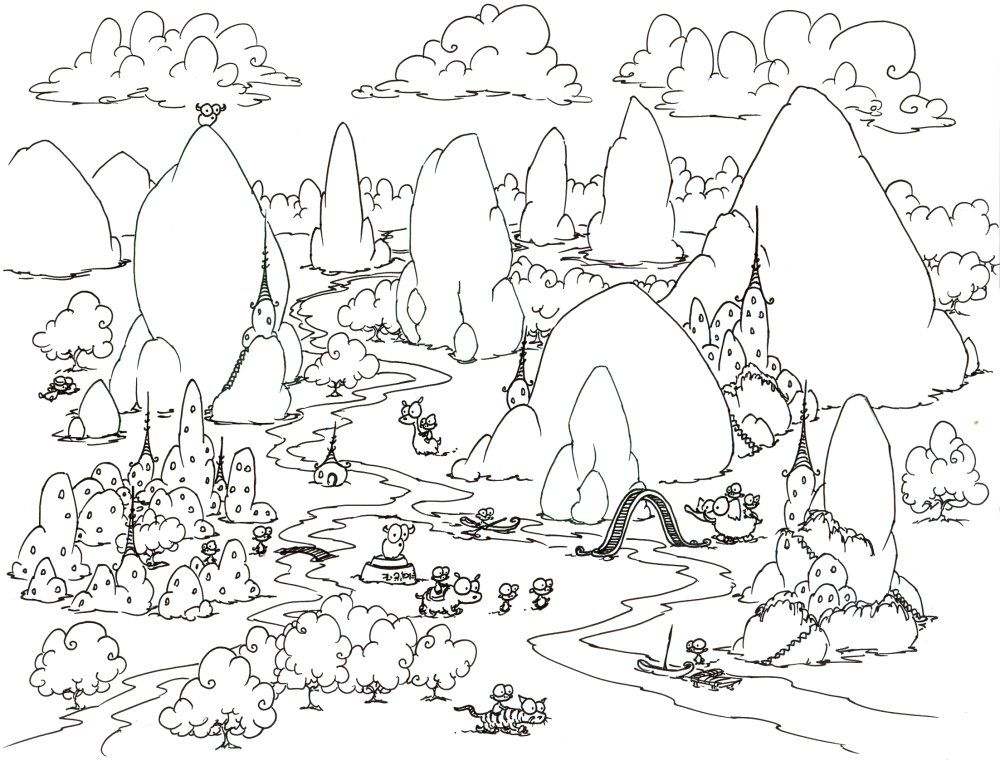 coloring page: a mountainous monkey village | bluebison.