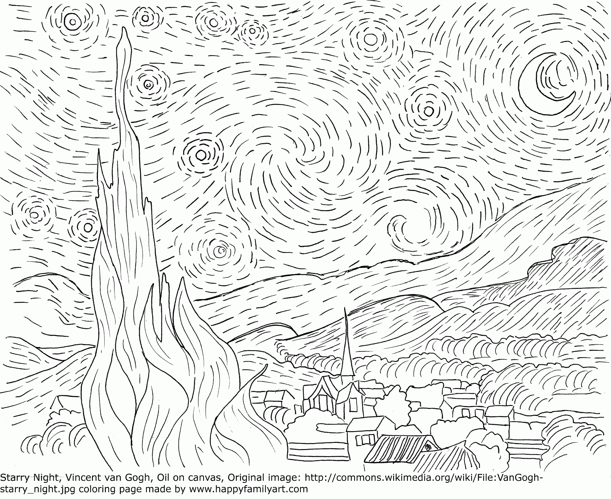 The Starry Night Coloring Page - Coloring Home