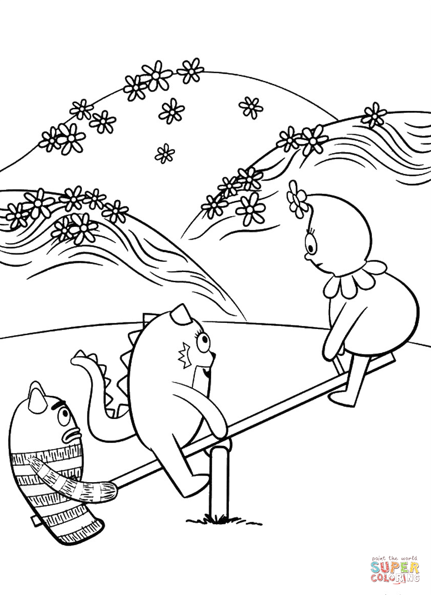 Toodee Brobee and Foofa are Playing on Swing coloring page