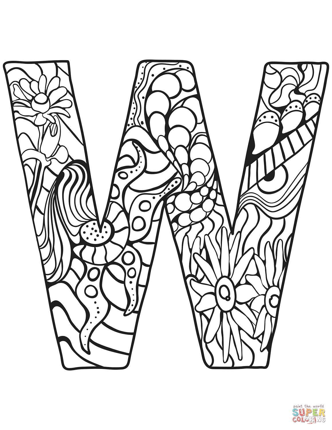 Letter W Zentangle coloring page | Free Printable Coloring Pages