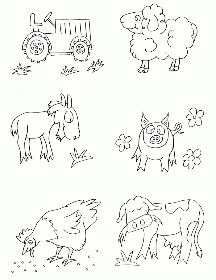 Farm animals (sheep, goat, pig, chicken and cow) and tractor coloring page
