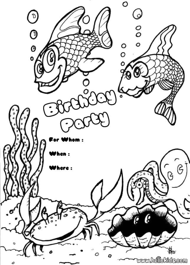 BIRTHDAY INVITATIONS coloring pages - Fish : Birthday party invitation