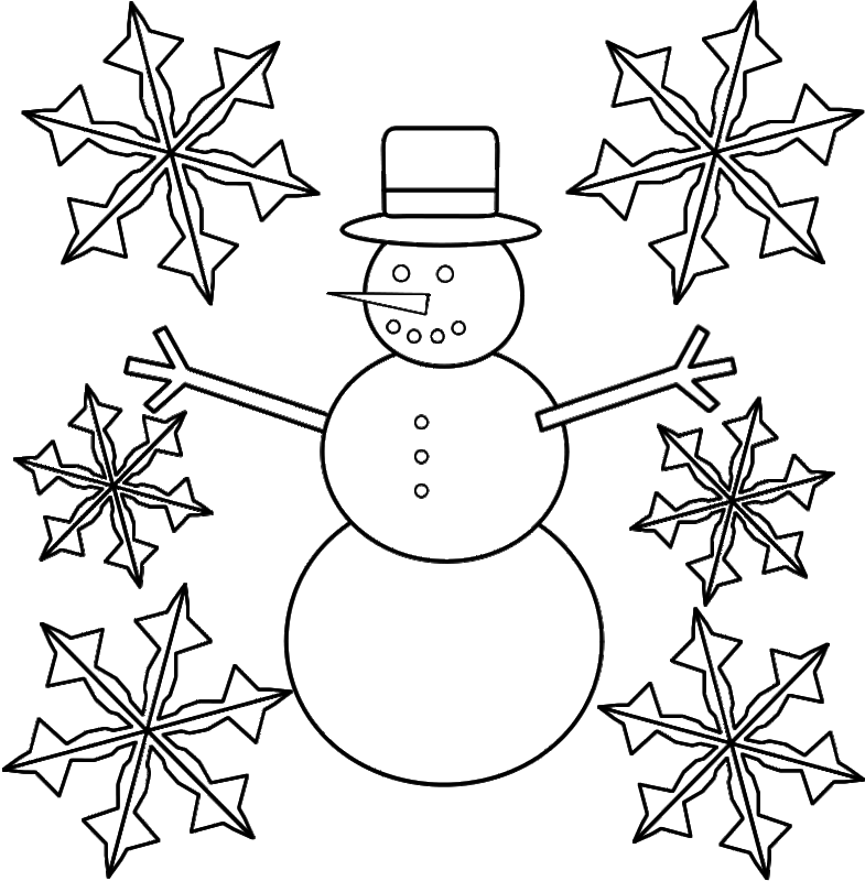 Snowflakes and Snowman Coloring Page