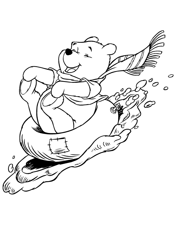 Cute Pooh Bear Sledding In The Winter Coloring Page | Free 