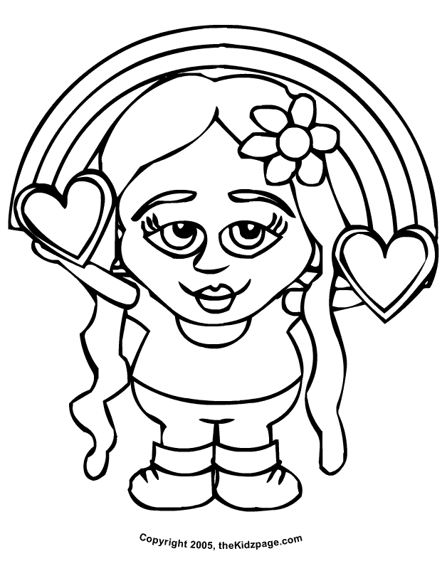 Girl with Rainbow and Hearts - Free Coloring Pages for Kids 