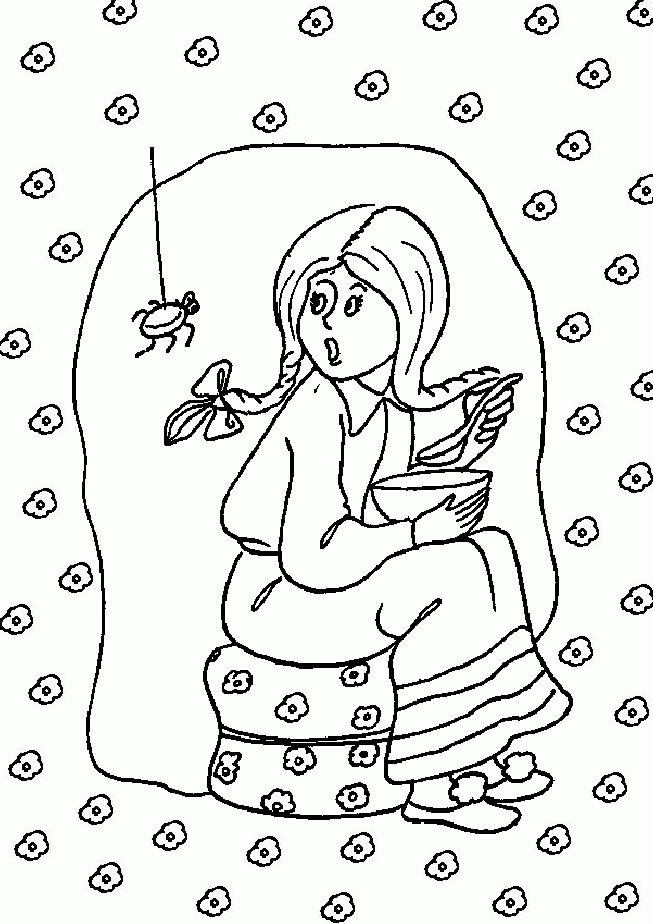 Free Preschool Coloring Pages of Girl Frightened From Spider 