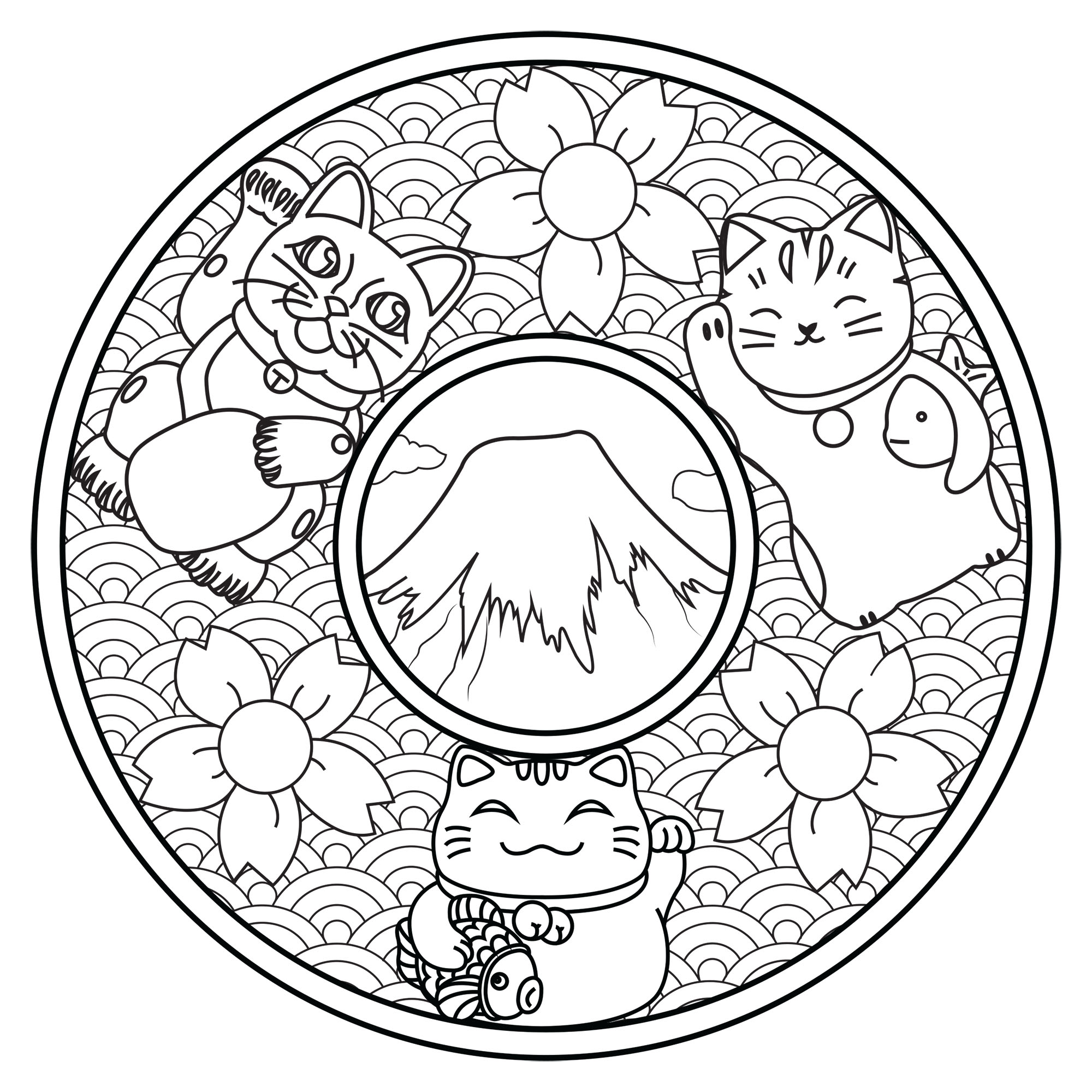 Mandala with three Maneki Neko - Mandalas Adult Coloring Pages