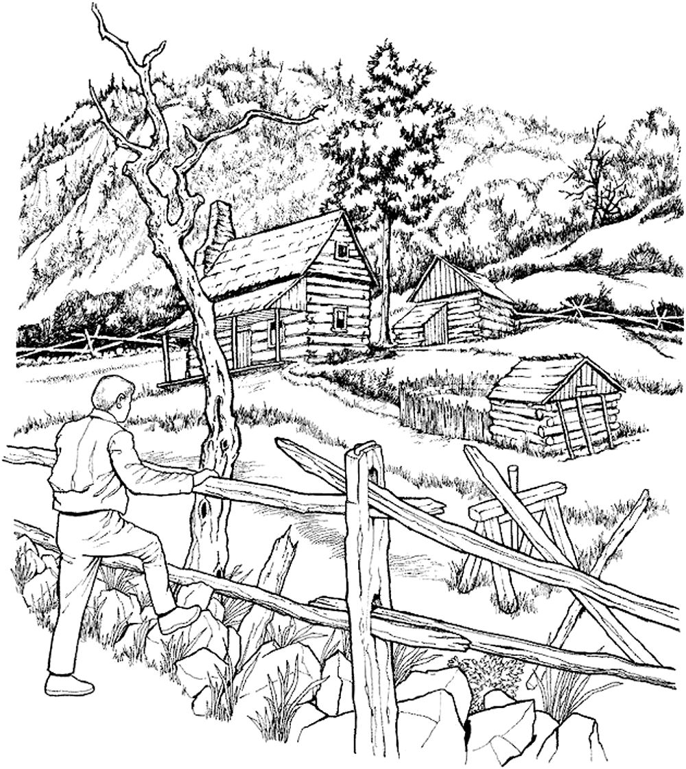 Snowy cabins - Architecture Adult Coloring Pages