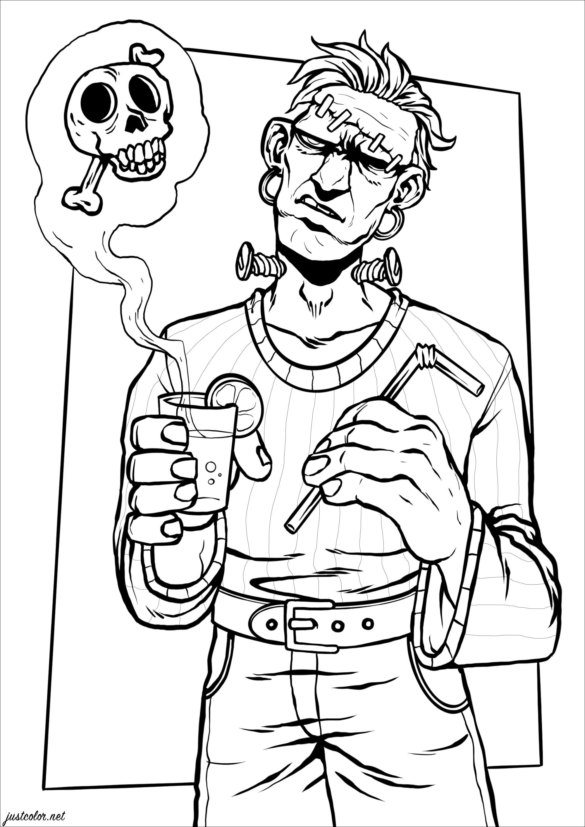 Frankenstein drinks a strange potion - Halloween Adult Coloring Pages
