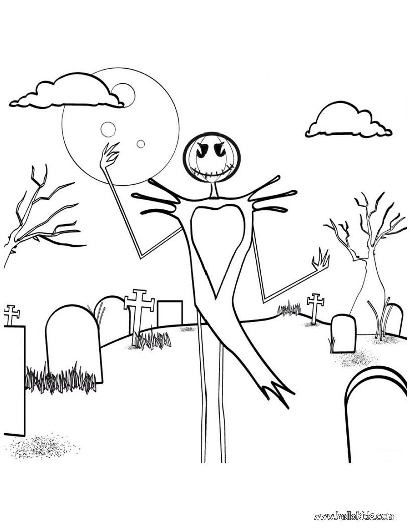 Skeleton scarecrow in graveyard coloring pages - Hellokids.com