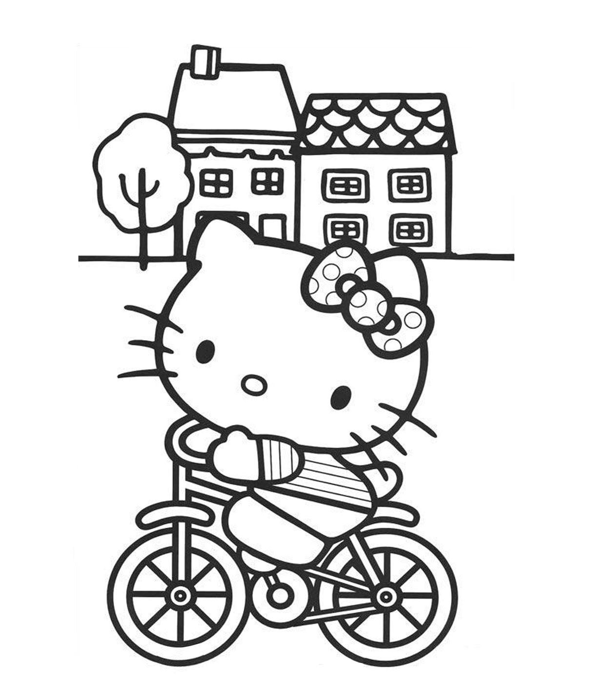 Riding Bicycle Hello Kitty Coloring Page Free | Cartoon Coloring ...