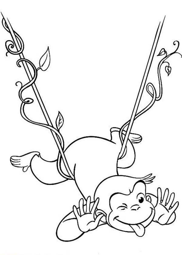 Curious George Hanging on Floating Tree Root Coloring Page - NetArt
