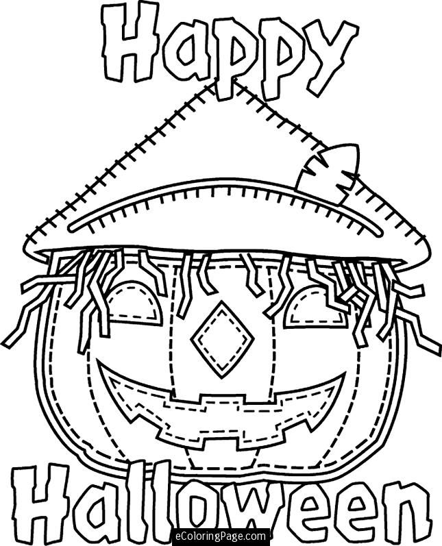Happy Halloween Pumpkin with a Hat Coloring Page for Kids 