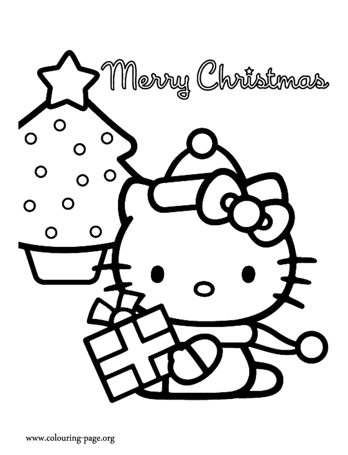Christmas - Hello Kitty and a Christmas tree coloring page