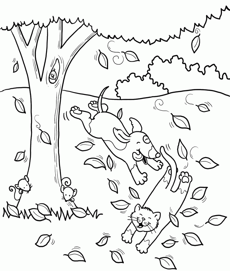 Tree Coloring Pages : Cat And Dog Playing In The Fall Tree 