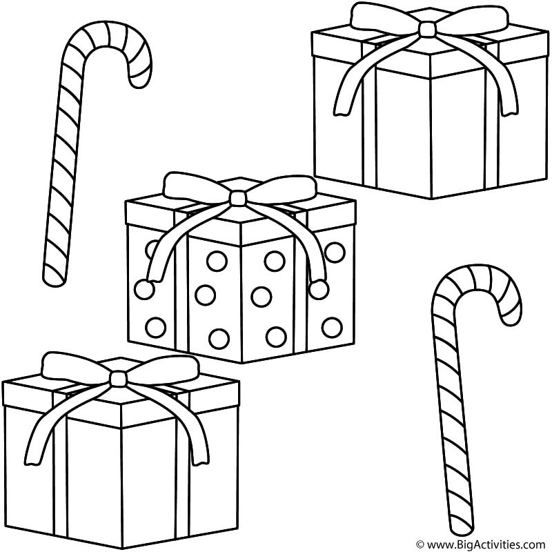 Christmas Gifts with Candy Canes - Coloring Page (Christmas)