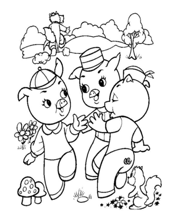 Bluebonkers : 3 Pigs Coloring Sheets - The Wolf goes away and the 