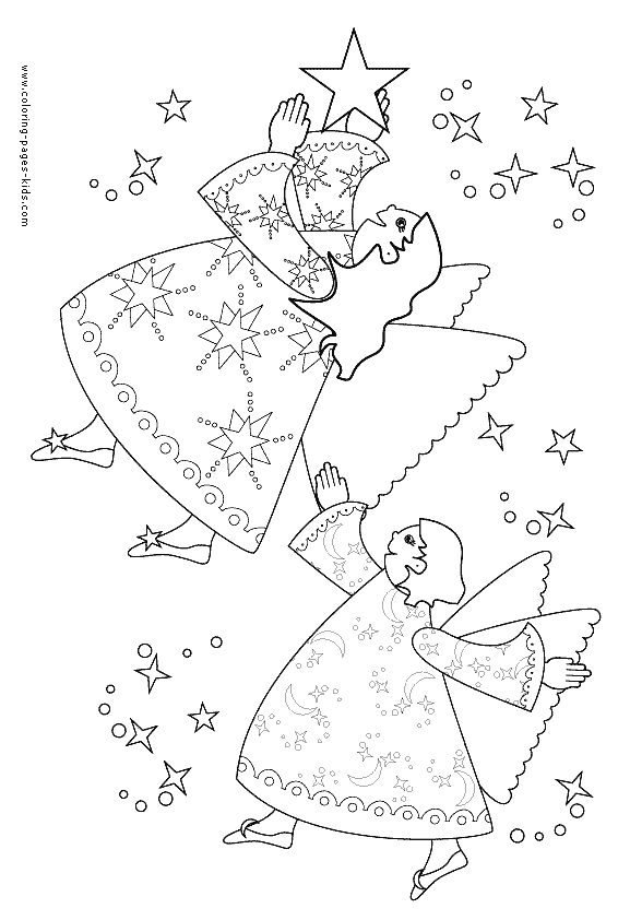 Two Christmas Angels with stars color page - Christmas coloring pages