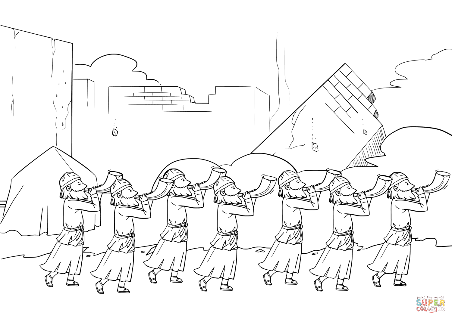 Seven Priests Blow Their Trumpets in Jericho coloring page | Free ...
