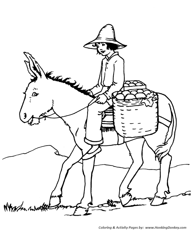 Farm Animal Coloring Pages | Riding a donkey to market Coloring Page and  Kids Activity sheet | HonkingDonkey
