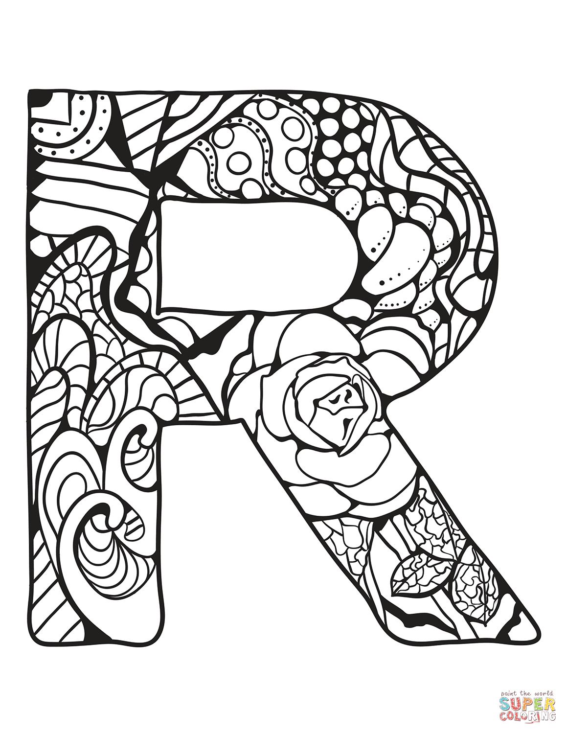 Letter R Zentangle coloring page | Free Printable Coloring Pages