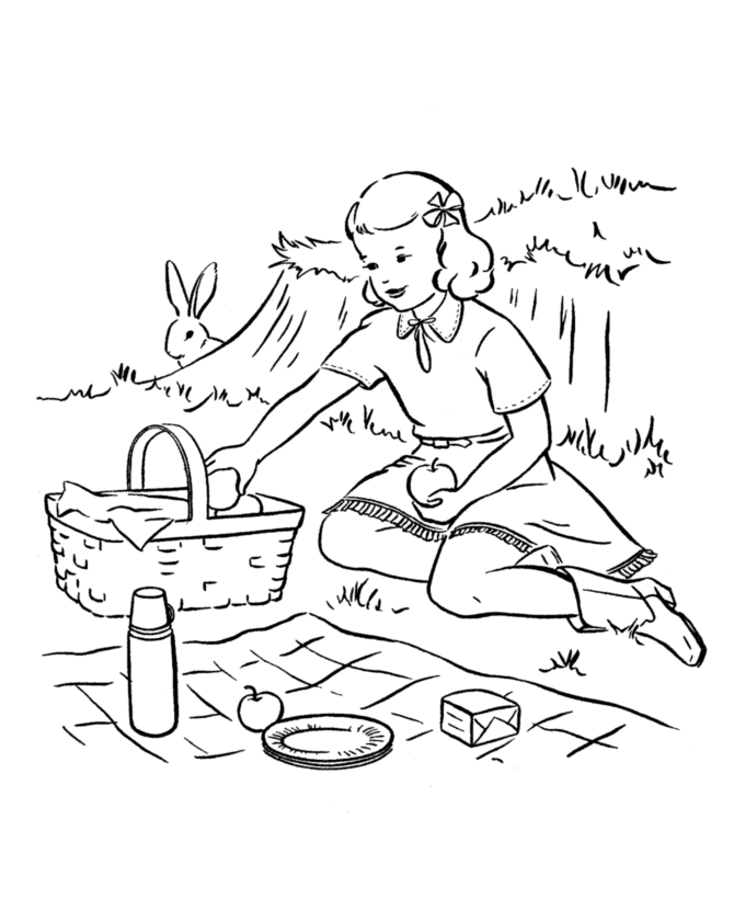 spring children and fun coloring page picnic
