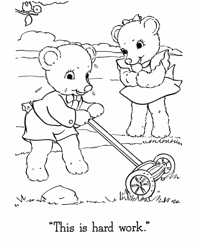Teddy Bear Coloring Pages | Free Printable Boy Teddy Bear mowing 