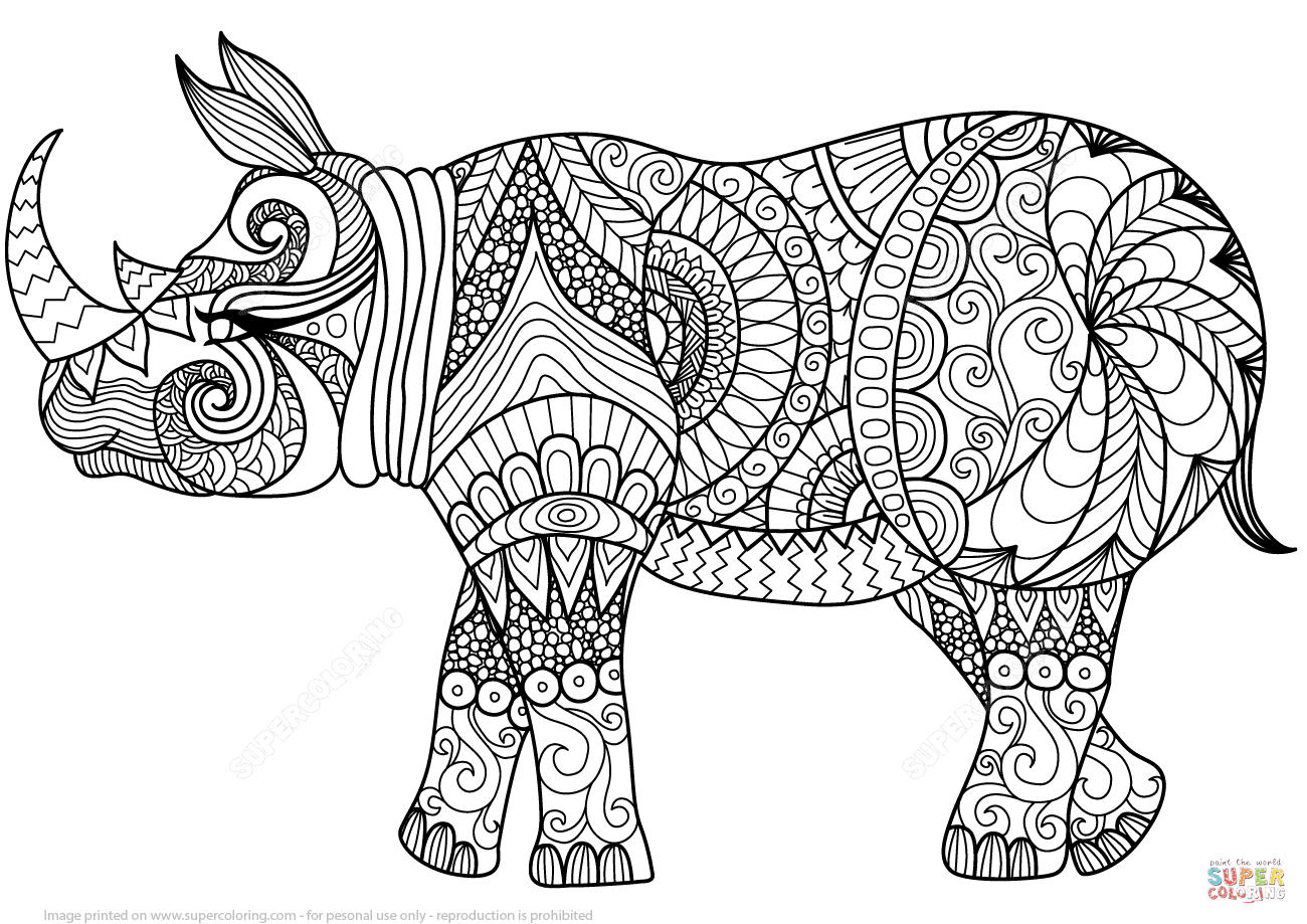 Zentangle Rhino coloring page | Free Printable Coloring Pages