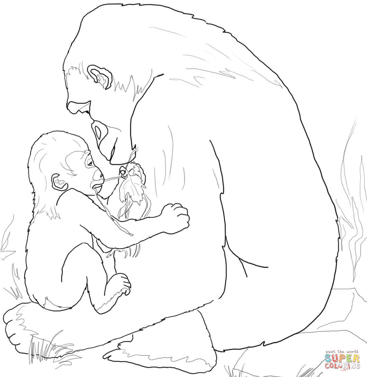Baby Gorilla Playing With Mother Coloring Page | Free Printable