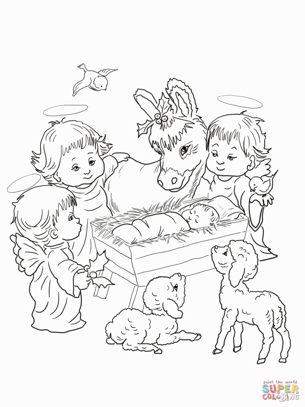 Nativity Scene With Cute Angels And Animals Coloring Page ...