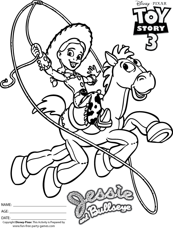 Toy Story Coloring Pages: Jessie Riding Bullseye with a Lasso