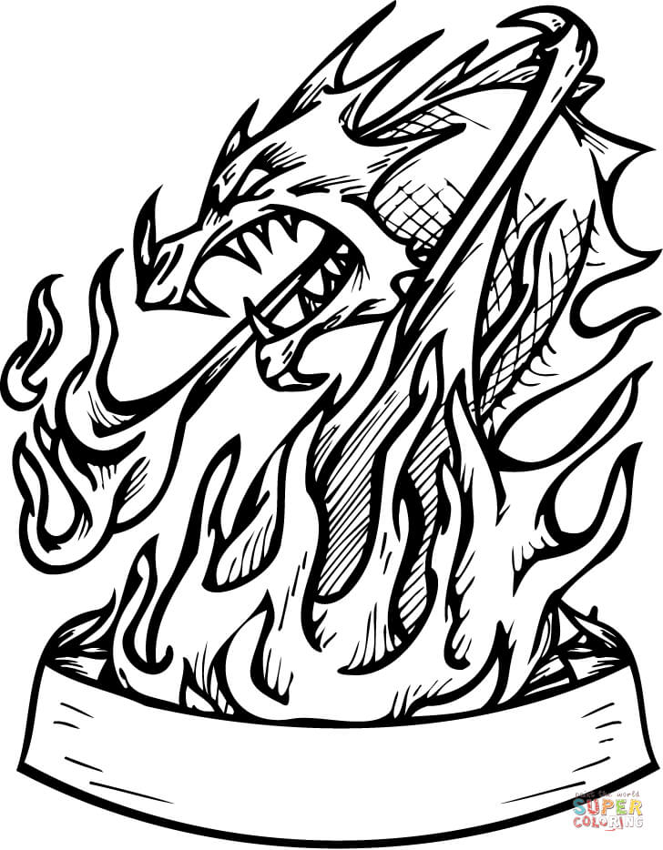 Dragon in Flames with Banner coloring page | Free Printable Coloring Pages