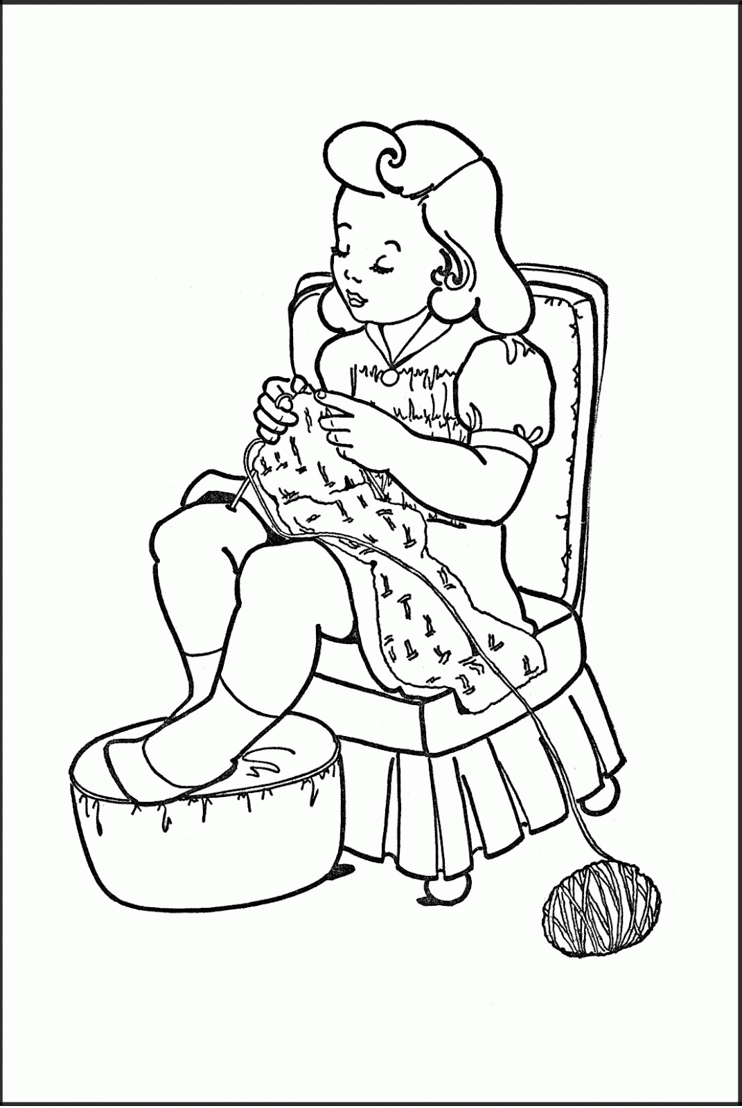 Kids Printable - Coloring Page - Girl Knitting - The Graphics Fairy