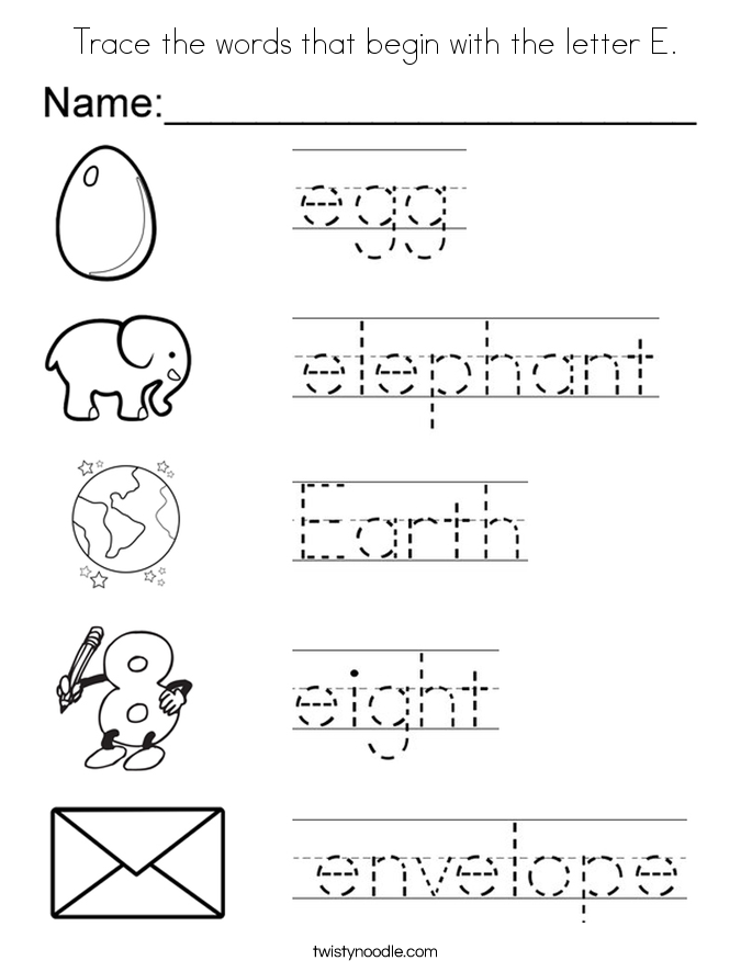 Trace the words that begin with the letter E Coloring Page ...