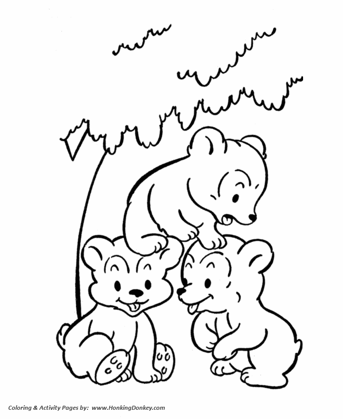 Wild Animal Coloring Pages | Bear Cubs playing Coloring Page and 