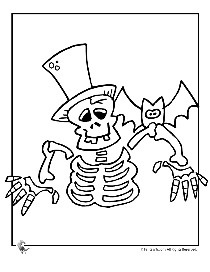 Skeleton and Bat Halloween Coloring Page | Woo! Jr. Kids ...