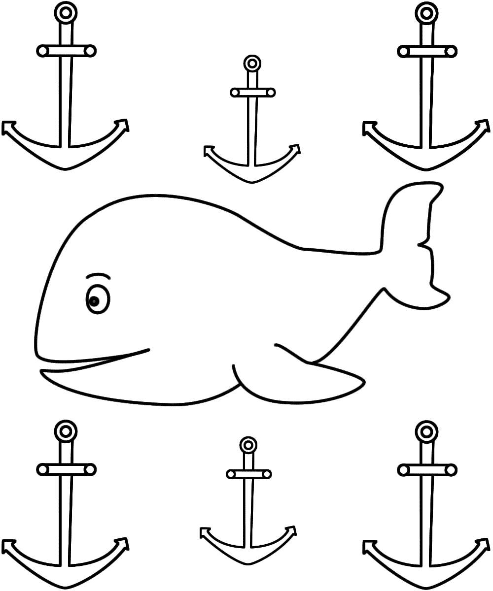 Whale with Anchors - Coloring Page (Sea/Marine)