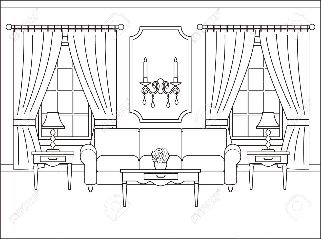 Coloring Page Living Room Clipart Black And White